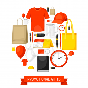 Advertising background with promotional gifts and souvenirs.