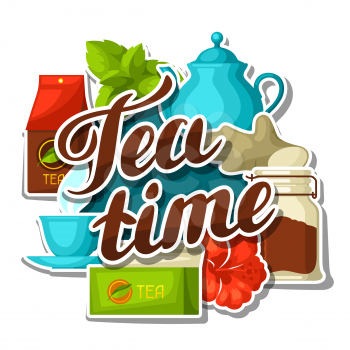 Tea time. Background with tea and accessories, packs and kettles.