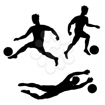 Set of soccer players with balls. Silhouettes of men on white background.