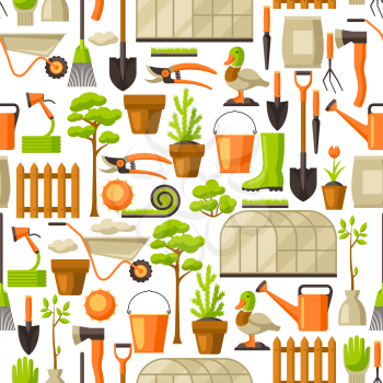 Seamless pattern with garden tools and items. Season gardening illustration.