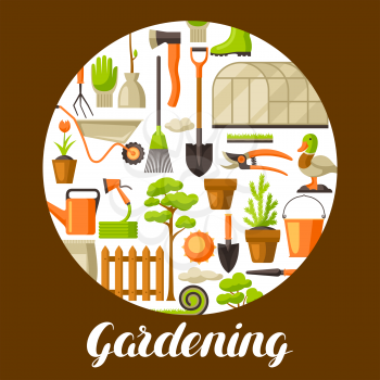 Background with garden tools and items. Season gardening illustration.