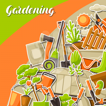 Background with garden tools and items. Season gardening illustration.