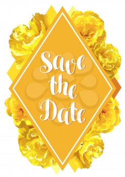 Save the date card with fluffy yellow tulips. Beautiful realistic flowers and buds.