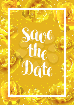 Save the date card with fluffy yellow tulips. Beautiful realistic flowers and buds.