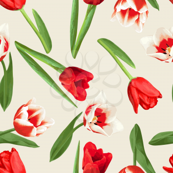 Seamless pattern with red and white tulips. Beautiful realistic flowers, buds and leaves.