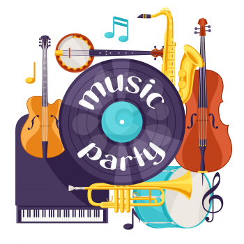Jazz music party retro background with musical instruments.
