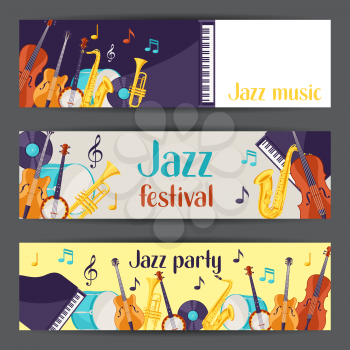 Jazz music party festival banners with musical instruments.