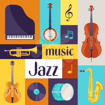 Jazz music retro poster with musical instruments.