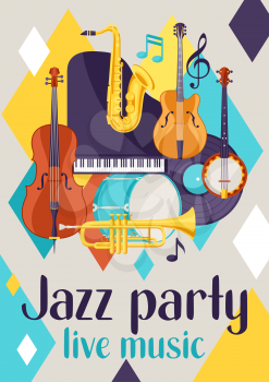 Jazz party live music retro poster with musical instruments.