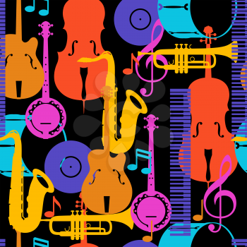 Jazz music seamless pattern with musical instruments.