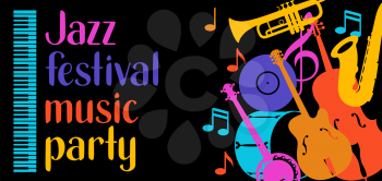 Jazz festival music party banner with musical instruments.