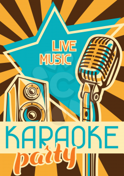 Karaoke party poster. Music event banner. Illustration with microphone and acoustics in retro style.
