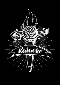 Karaoke party label. Music event background. Illustration with microphone in retro style.