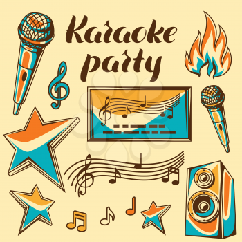 Karaoke party items. Music event set of objects. Illustration in retro style.