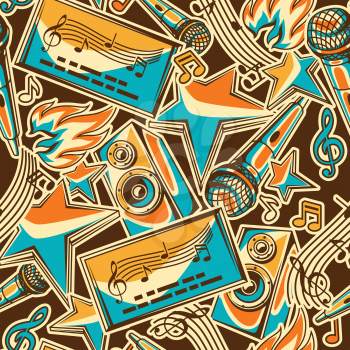 Karaoke party seamless pattern. Music event background. Illustration in retro style.