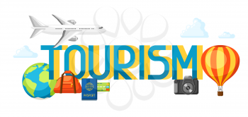 Travel concept illustration with tourist items and word.