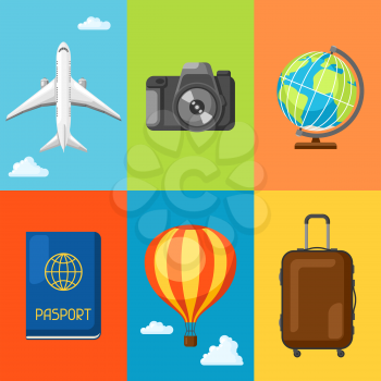 Travel concept illustration. Traveling background with tourist items.