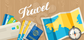 Travel concept illustration. Traveling background with tourist items on wooden table. Top view.