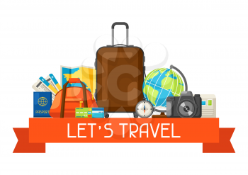 Travel concept illustration. Traveling background with tourist items.