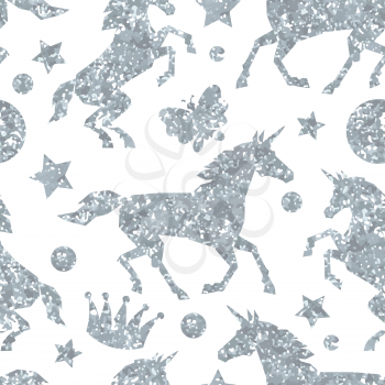 Seamless pattern with unicorns and silver glitter texture.