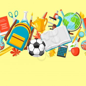 School seamless pattern with education items. Colorful supplies and stationery background.