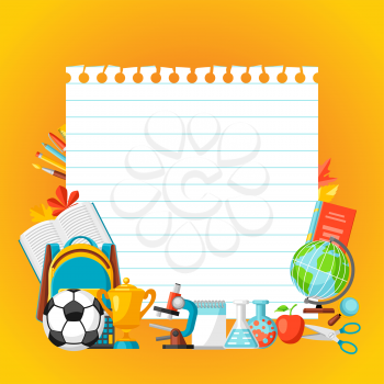 School background with education items. Illustration of colorful supplies and stationery.