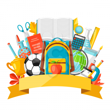School background with education items. Illustration of colorful supplies and stationery.