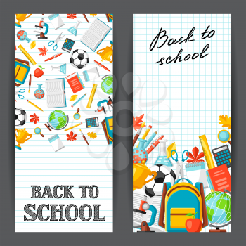 Back to school banners with education items. Illustration of colorful supplies and stationery.