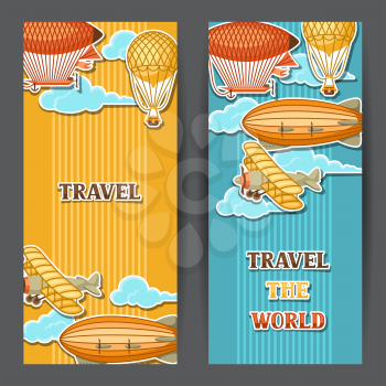 Travel banners with retro air transport. Vintage aerostat airship, blimp and plain in cloudy sky.