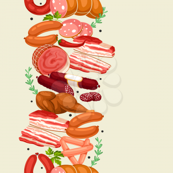 Seamless pattern with meat products. Illustration of sausages, bacon and ham.