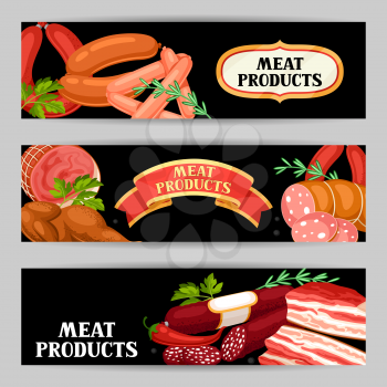 Banners with meat products. Illustration of sausages, bacon and ham.