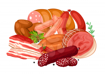 Illustration with meat products. Illustration of sausages, bacon and ham.