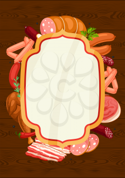Frame with meat products. Illustration of sausages, bacon and ham.