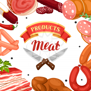 Background with meat products. Illustration of sausages, bacon and ham.