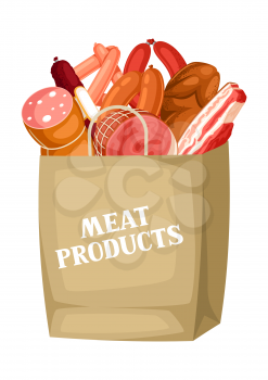 Shopping bag with meat products. Illustration of sausages, bacon and ham.