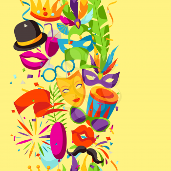 Carnival party seamless pattern with celebration icons, objects and decor.