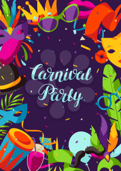 Carnival party background with celebration icons, objects and decor.
