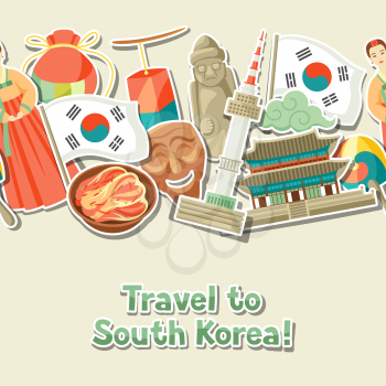 Korea seamless pattern. Korean traditional sticker symbols and objects.