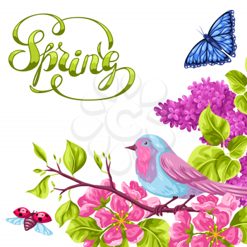 Spring garden background or greeting card. Natural illustration with blossom flower, robin birdie and butterfly.