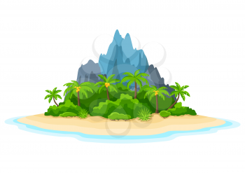 Illustration of tropical island in ocean. Landscape with ocean, palm trees and rocks. Travel background.