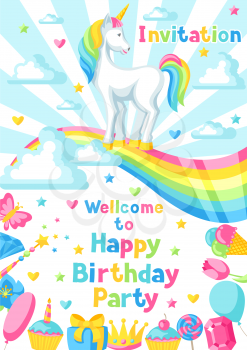 Happy birthday party invitation with unicorn and fantasy items.