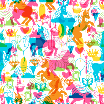 Seamless pattern with unicorns and fantasy items.