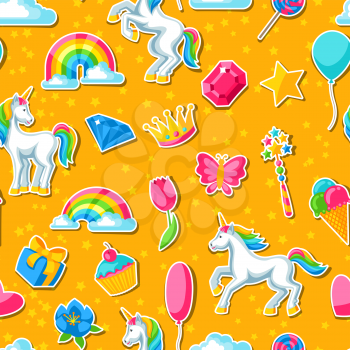 Seamless pattern with unicorns and fantasy items.