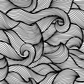 Wavy curled seamless pattern. Abstract outline monochrome texture.