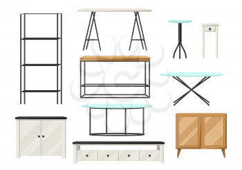 Interior and furniture set. Shelving with shelves, cupboards and tables.