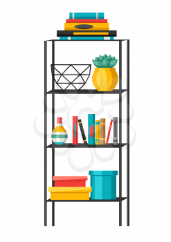 Interior home decor. Shelves with books and vases. Illustration in flat style.