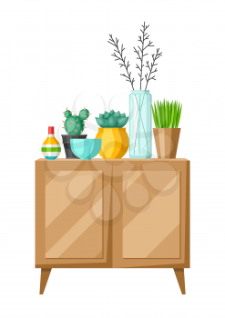 Interior home decor. Cupboard with vases and plants. Illustration in flat style.