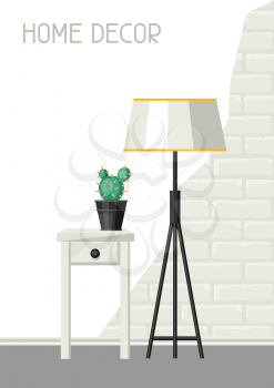 Interior home decor. Lamp and table with cactus. Illustration in flat style.