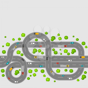 Seamless pattern top view of roads. Crossroads and junctions with cars in countryside.