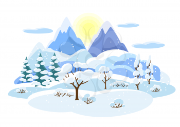 Winter landscape with trees, mountains and hills. Seasonal illustration.